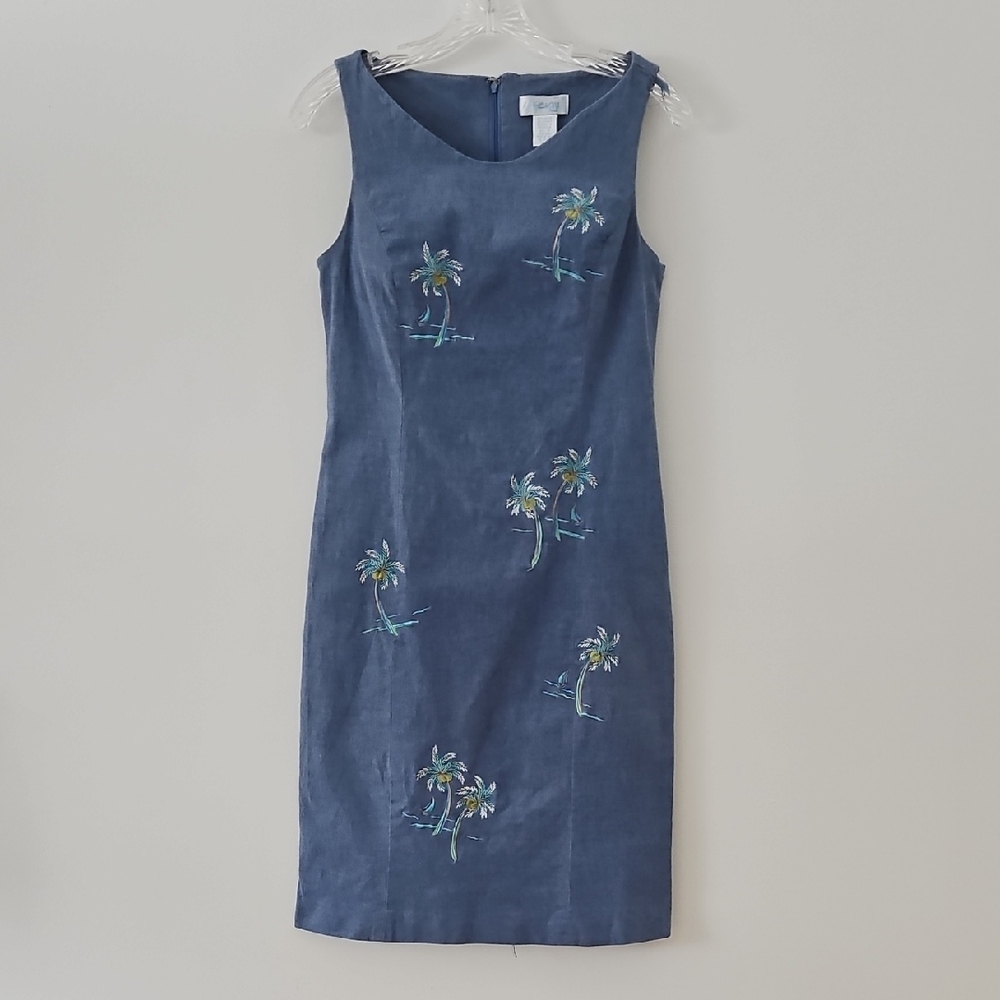 Kenji Sleeveless Chambray Midi Dress With Embroidered Palm Trees Size 6 - Picture 1 of 15